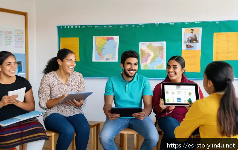 스토리텔러 실기 시험 합격을 위한 준비 팁 - A vibrant classroom scene in a modern Latin American school, featuring a diverse group of young adul...