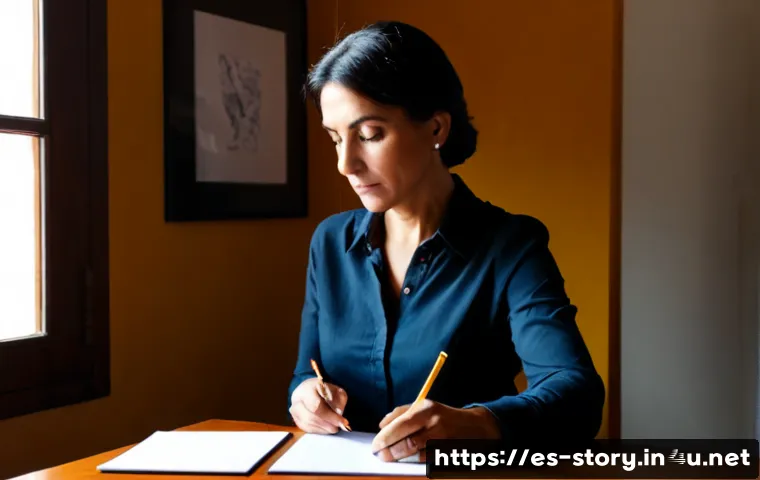 Home 17 스토리텔러 직무 수행의 가장 큰 어려움 - Photorealistic Spanish-speaking female storyteller in her 40s sitting alone at a home office desk in...