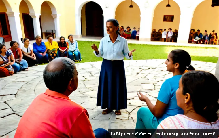 스토리텔러 직업의 사회적 영향과 역할 분석 - Photorealistic community storyteller speaking to a diverse Spanish-speaking neighborhood audience in...